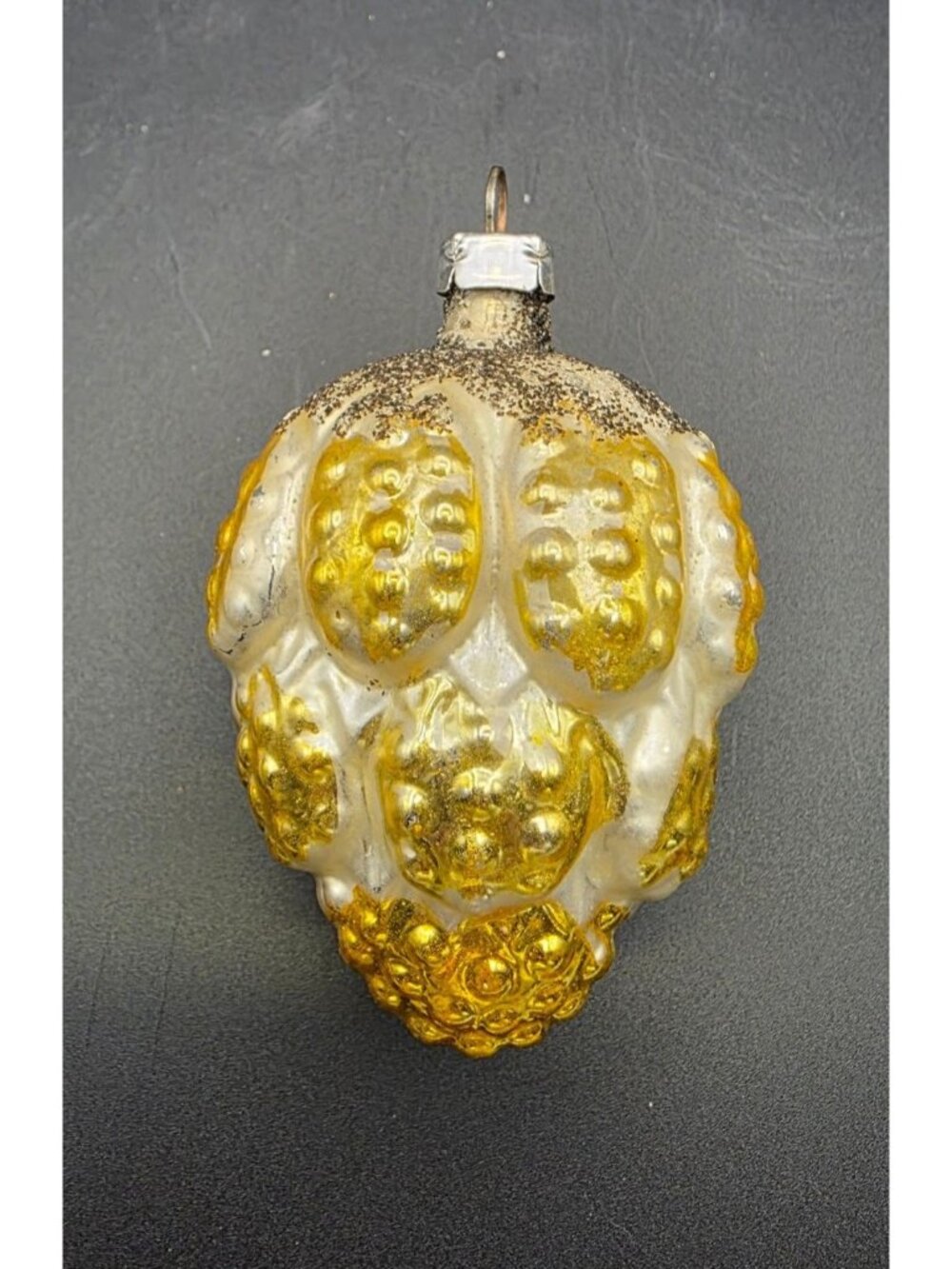 Vintage 3" Mercury Glass Gold & Mica Raspberry Christmas Ornament West Germany